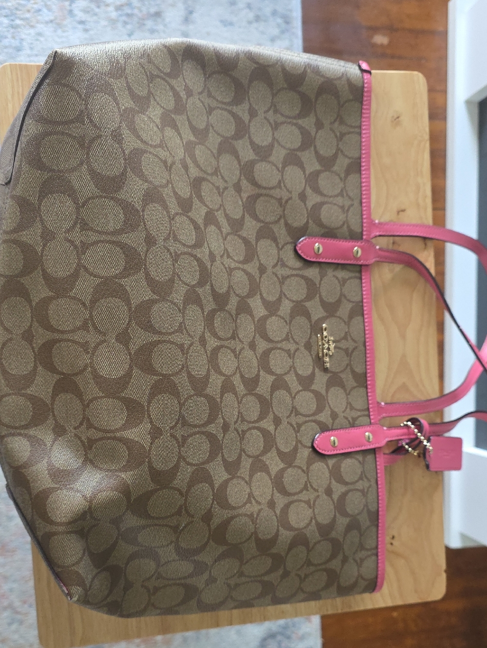 Coach Brown Signature Tote with Pink Trim and Handles